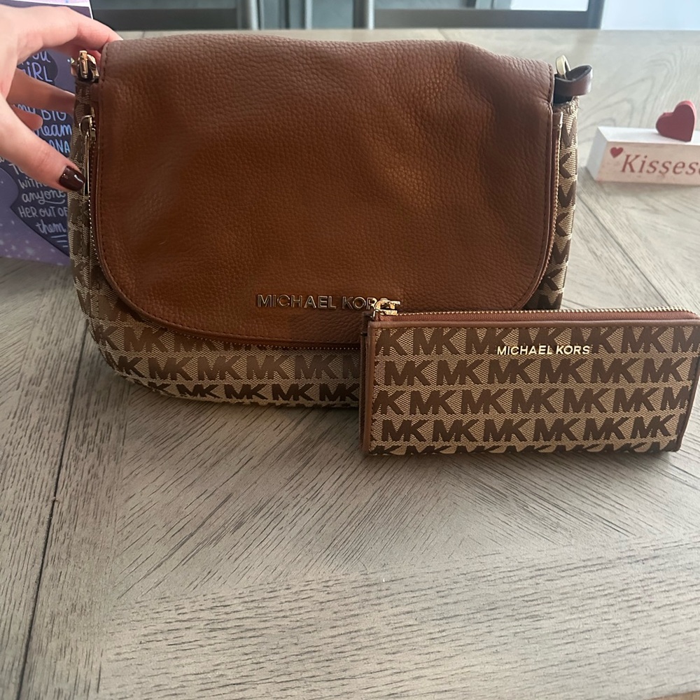 Michael Kors Brown and Tan Purse and Wallet Bag Set